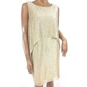 SLNY Dress Metallic Gold Floating Overlay Stretch Party Dress 16